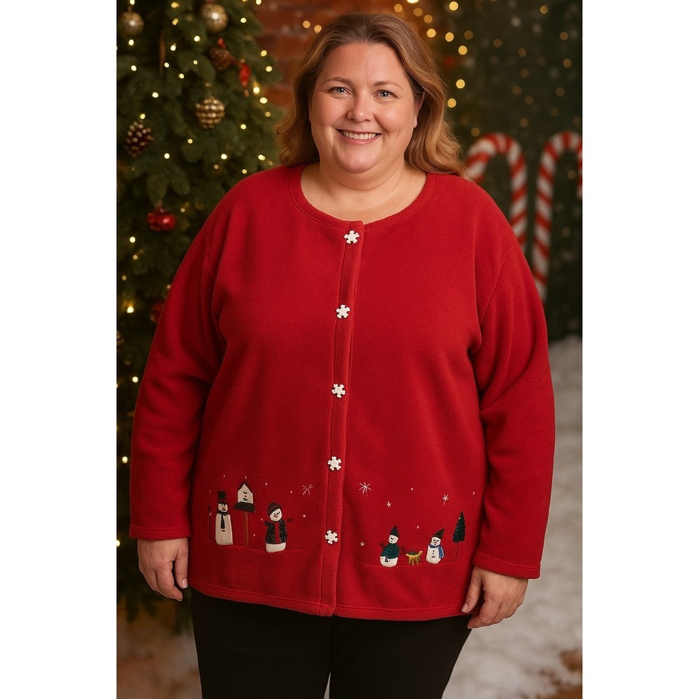 Vtg Womens Fleece Cardigan Sz 2X Snowman Appliques Snowflake Buttons Embroidered